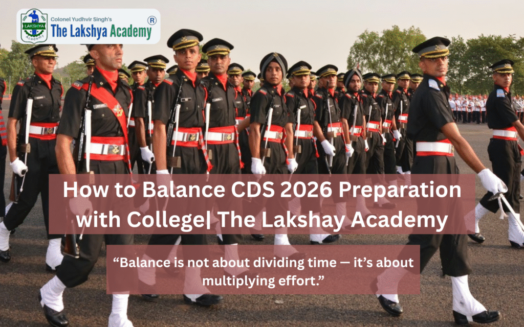 A college student preparing for CDS exam with books and laptop, symbolizing balance between studies and defence preparation.

Young aspirant managing CDS preparation along with college life at The Lakshay Academy.

Dedicated student studying for CDS 2026 exam while attending college classes.

Motivated college student balancing academics and CDS coaching with discipline and focus.

Future officer studying for CDS examination under guidance of The Lakshay Academy mentors.

Student preparing for CDS written exam and SSB interview during college years.

Balanced lifestyle image showing college books and CDS preparation material together.

The Lakshay Academy helping students balance CDS exam preparation with college studies.

Hardworking defence aspirant planning daily routine for college and CDS 2026 preparation.

CDS aspirant achieving perfect balance between college education and defence exam goals